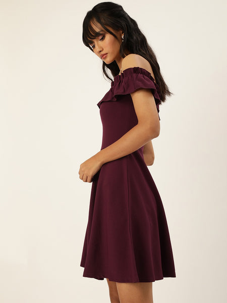 Maroon Frilled Bardot Skater Dress Veni Vidi Vici 4479