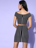 Black Horizontal Stripe Bodycon Bardot Co-Ordinate Dress