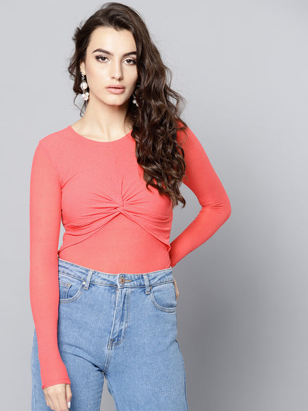 Coral Front Knot Full Sleeve Bodycon Top1