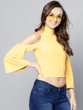 Yellow High Neck Cold Shoulder Bell Sleeve Top1