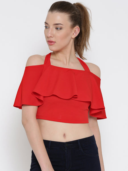 Red Frilled Strappy Crop Top1