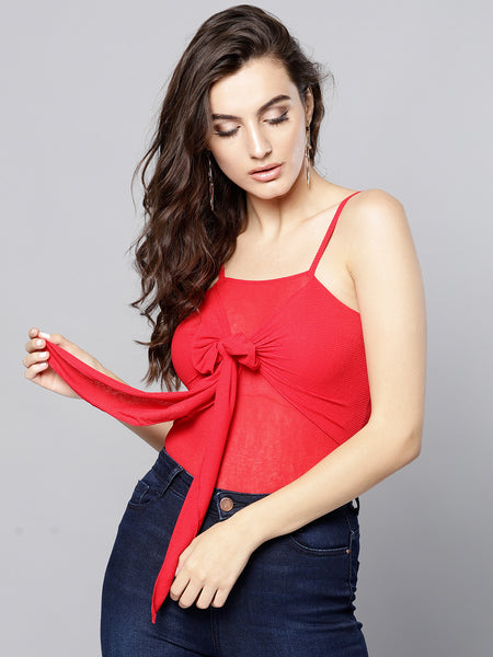 Red Front Knot Strappy Crop Top1