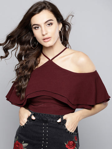 Maroon Layered Frill Cold Shoulder Top1