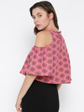Red and Pink Paisley Bell Sleeve Cold Shoulder Crop Top5