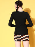 Black Round Neck Full Sleeve Ribbed Top