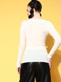 Off White Plunge Neck Full Sleeve Ribbed Top