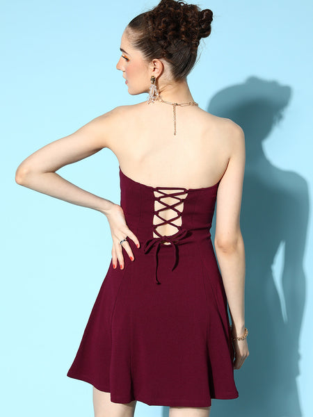 Maroon Lace up Back Bodycon Dress