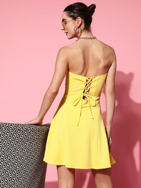 Yellow Lace up Back Bodycon Dress