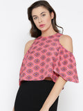 Red and Pink Paisley Bell Sleeve Cold Shoulder Crop Top4