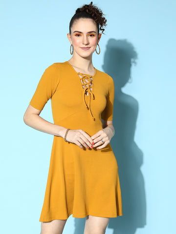 Mustard Front Ring Laceup Half Sleeve Skater Dress