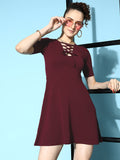 Maroon Front Ring Laceup Half Sleeve Skater Dress