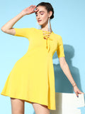 Yellow Front Ring Laceup Half Sleeve Skater Dress