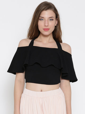 Black Frilled Strappy Crop Top1