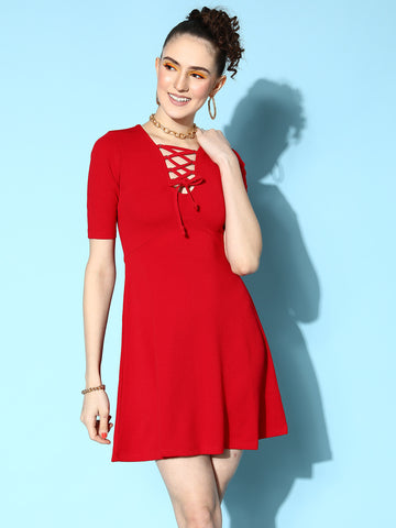 Red Front Ring Laceup Half Sleeve Skater Dress