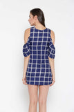 Blue and White Check Cold Shoulder Long Tunic Top5