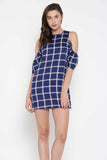 Blue and White Check Cold Shoulder Long Tunic Top1
