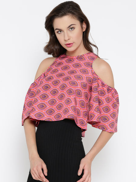Red and Pink Paisley Bell Sleeve Cold Shoulder Crop Top1