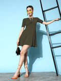 Olive Front Ring Laceup Half Sleeve Skater Dress