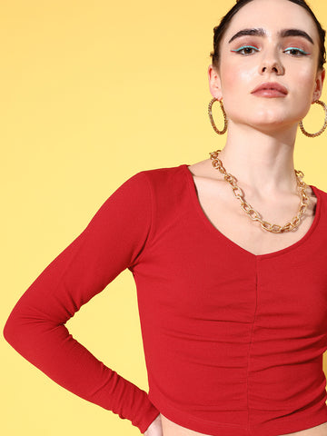 Red Full Sleeve Ruched V Neck Top