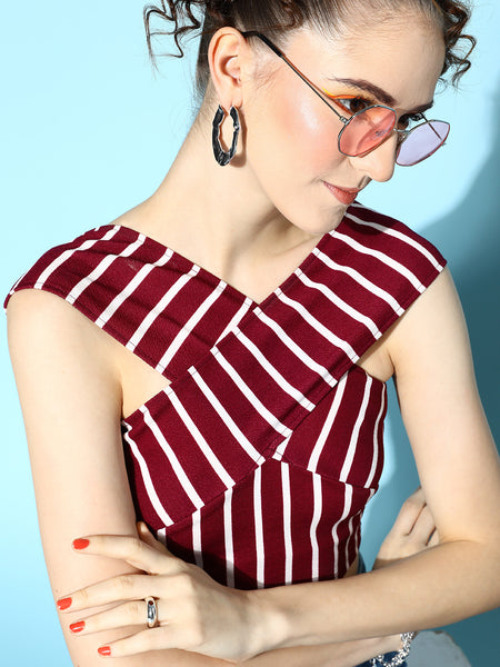 Maroon Horizontal Stripe Bandage Bardot Top