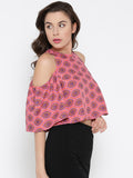 Red and Pink Paisley Bell Sleeve Cold Shoulder Crop Top3