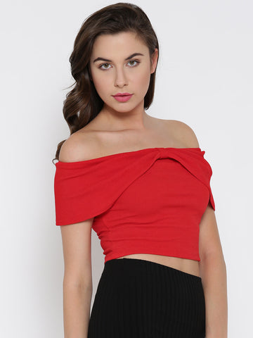 Red Bow Front Bardot Crop Top1