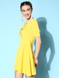Yellow Front Ring Laceup Half Sleeve Skater Dress