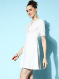 White Front Ring Laceup Half Sleeve Skater Dress