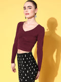 Maroon Full Sleeve Ruched V Neck Top