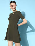 Olive Front Ring Laceup Half Sleeve Skater Dress