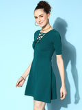 Dark Green Front Ring Laceup Half Sleeve Skater Dress