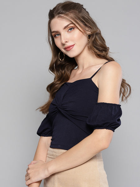Navy Front Twist Puffed Sleeve Top1