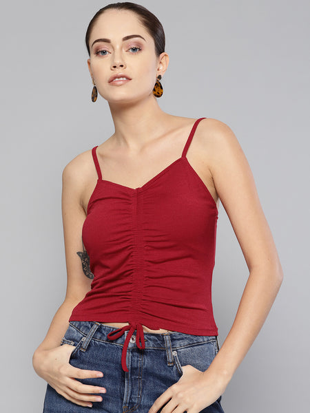 Maroon Rouched Sleeveless Crop Top1