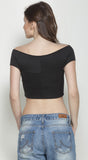Black Bandage Bardot Crop Top in Scuba Knit Fabric4