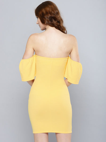 Yellow Cutout Bodycon Bow Bardot Dress1