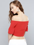 Red Frilled Sleeve Bardot Crop Top5