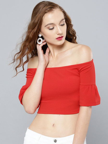 Red Frilled Sleeve Bardot Crop Top1