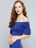 Royal Blue Frilled Sleeve Bardot Crop Top4