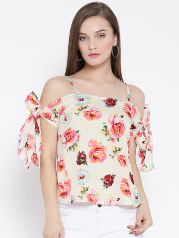 Peach Floral Bow Tie Cold Shoulder Top1