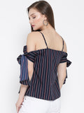 Blue and Red Striped Bow Tie Cold Shoulder Top4