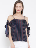 Blue and Red Striped Bow Tie Cold Shoulder Top1