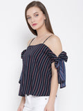 Blue and Red Striped Bow Tie Cold Shoulder Top2