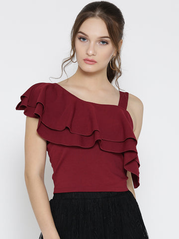 Maroon One Shoulder Frilled Top1