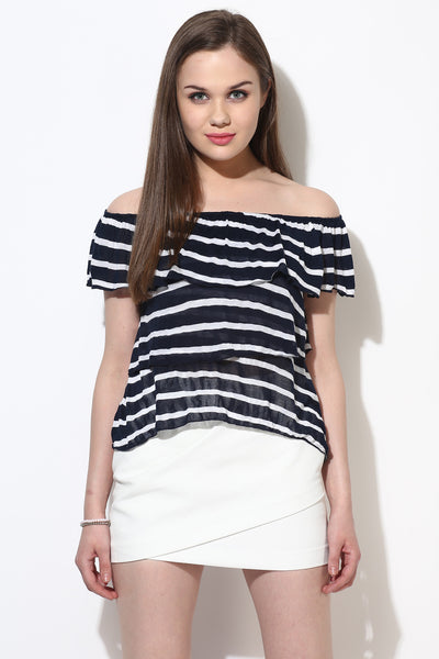 Blue and White Striped Layered Bardot Top1