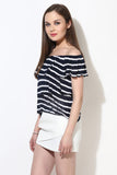 Blue and White Striped Layered Bardot Top3