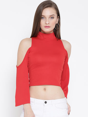 Red High Neck Cold Shoulder Bell Sleeve Top1