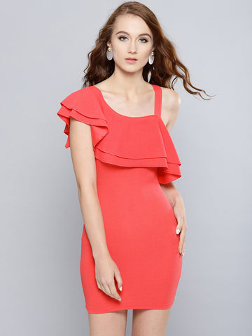 Coral One Shoulder Frilled Bodycon Dress1