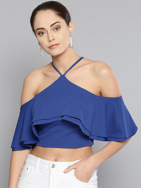 Blue Layered Frill Cold Shoulder Top1