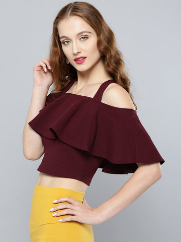 Maroon Frilled Strappy Crop Top1