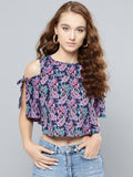 Navy Blue and Purple Paisley Slit Sleeve Cold Shoulder Top1
